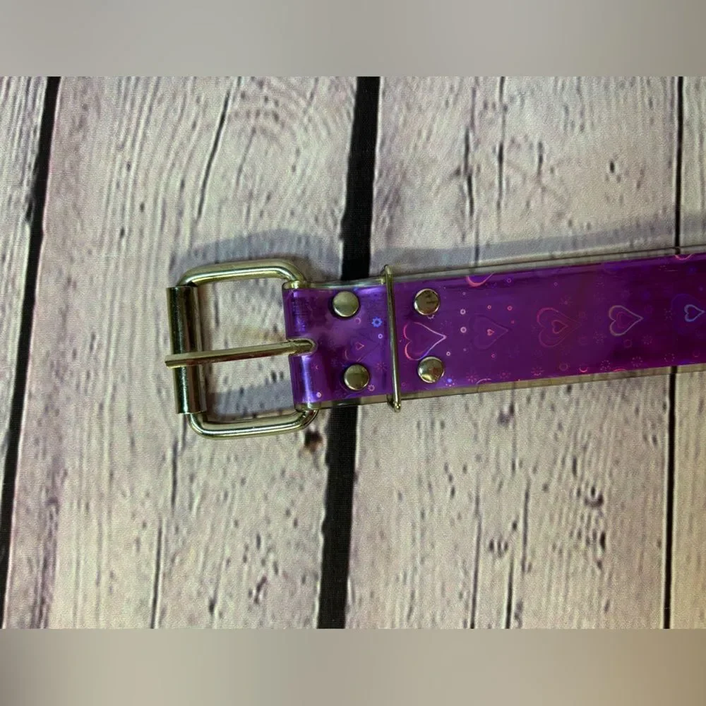 Iridescent Purple Silver Oil Slick Heart 90s Rave Club Plastic Wide Retro Belt